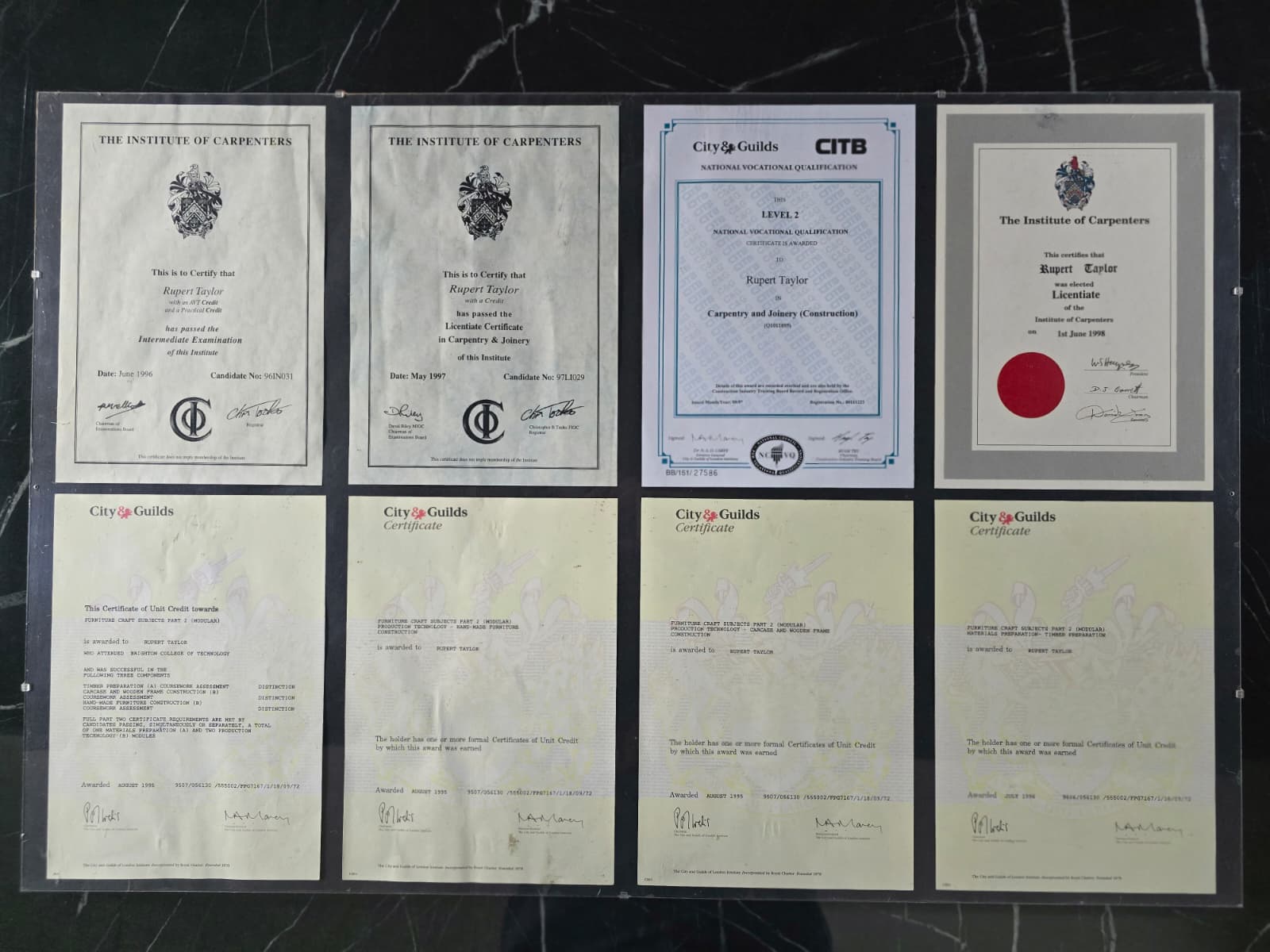 Qualifications & certifications Professional carpentry and joinery certificates awarded to Rupert Taylor of Taylor Made Carpentry